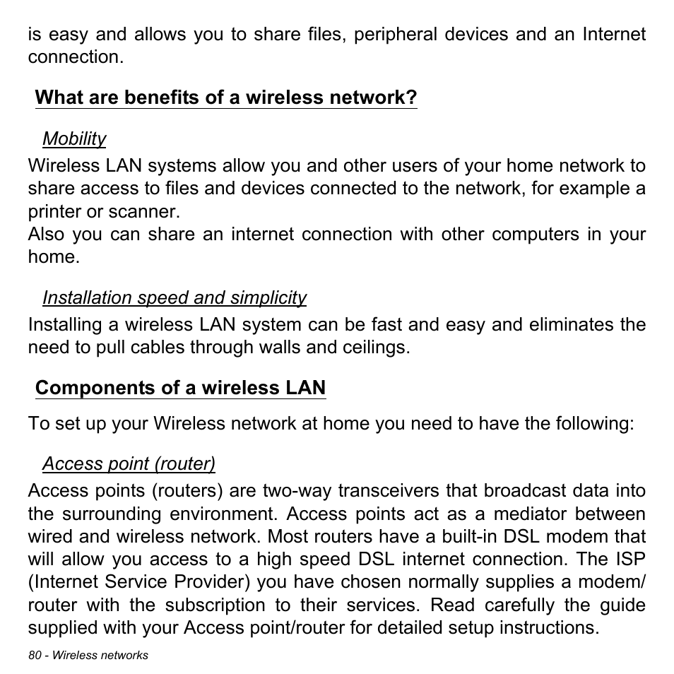 What are benefits of a wireless network, Components of a wireless lan | Acer Aspire V5-571PG User Manual | Page 82 / 3604