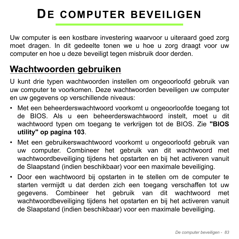 De computer beveiligen, Wachtwoorden gebruiken, Computer | Beveiligen | Acer Aspire V5-571PG User Manual | Page 823 / 3604