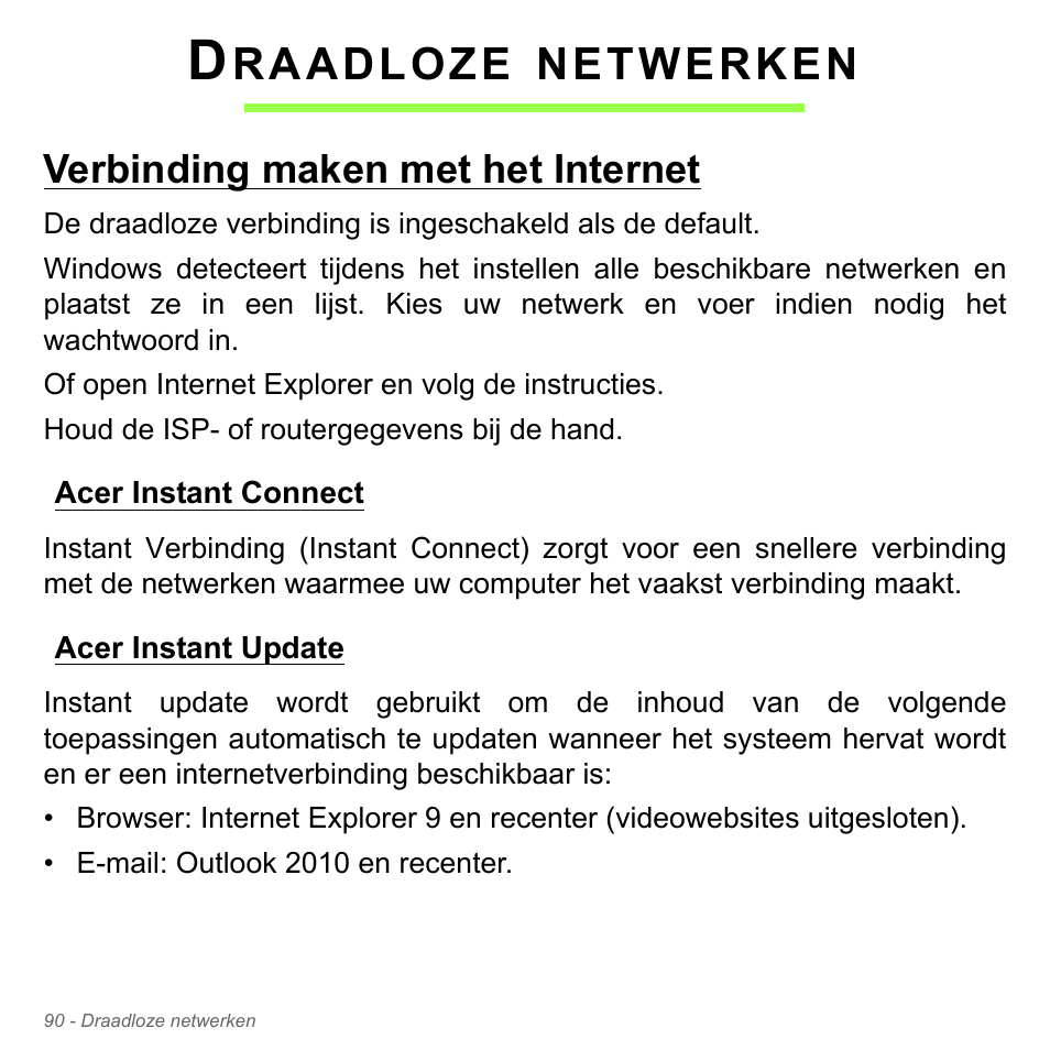 Draadloze netwerken, Verbinding maken met het internet, Acer instant connect | Acer instant update, Acer instant connect acer instant update, Raadloze, Netwerken | Acer Aspire V5-571PG User Manual | Page 830 / 3604