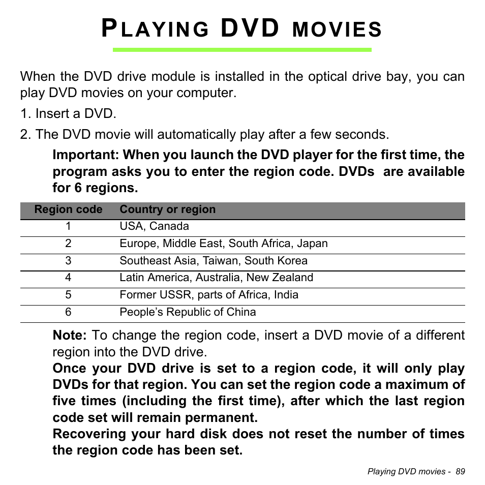 Playing dvd movies, Laying, Movies | Acer Aspire V5-571PG User Manual | Page 91 / 3604
