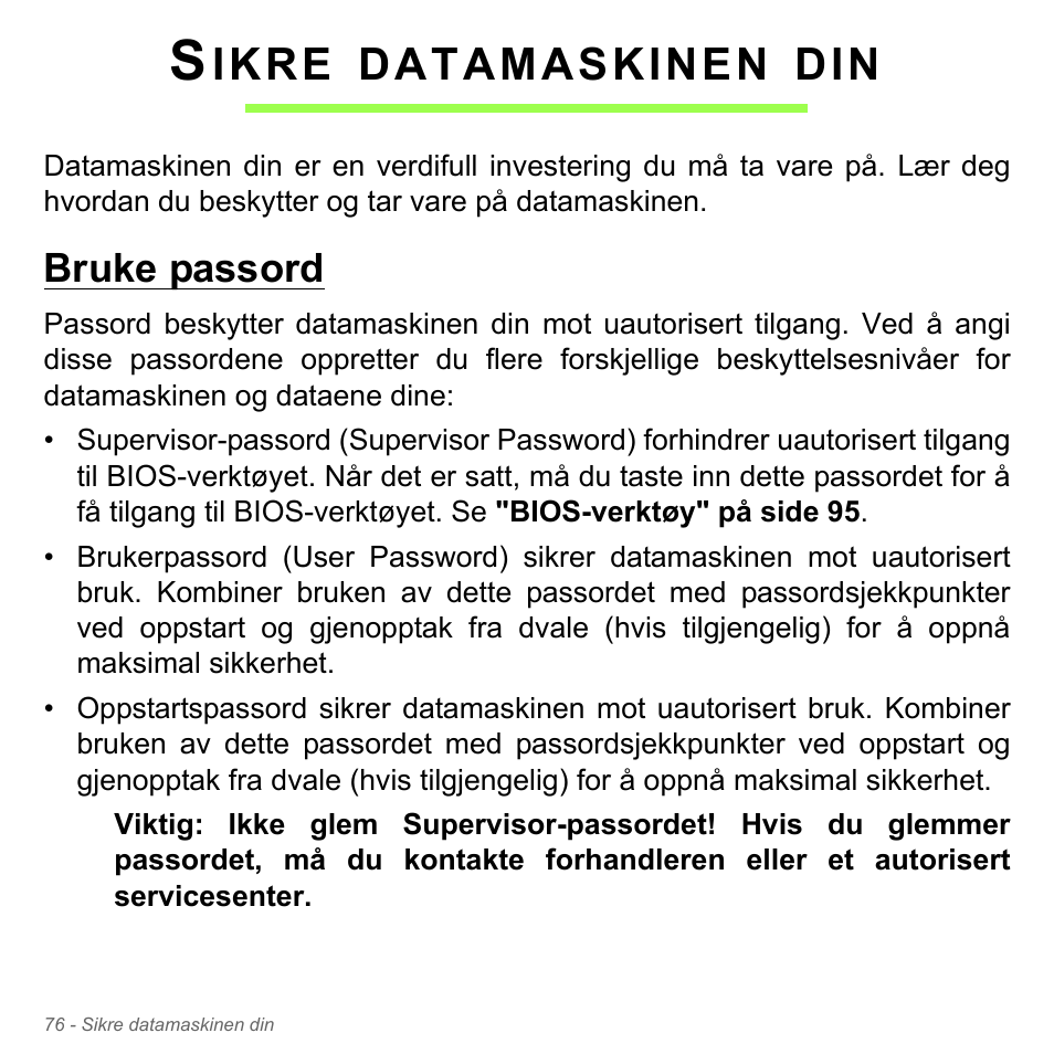 Sikre datamaskinen din, Bruke passord, Ikre | Datamaskinen | Acer Aspire V5-571PG User Manual | Page 942 / 3604