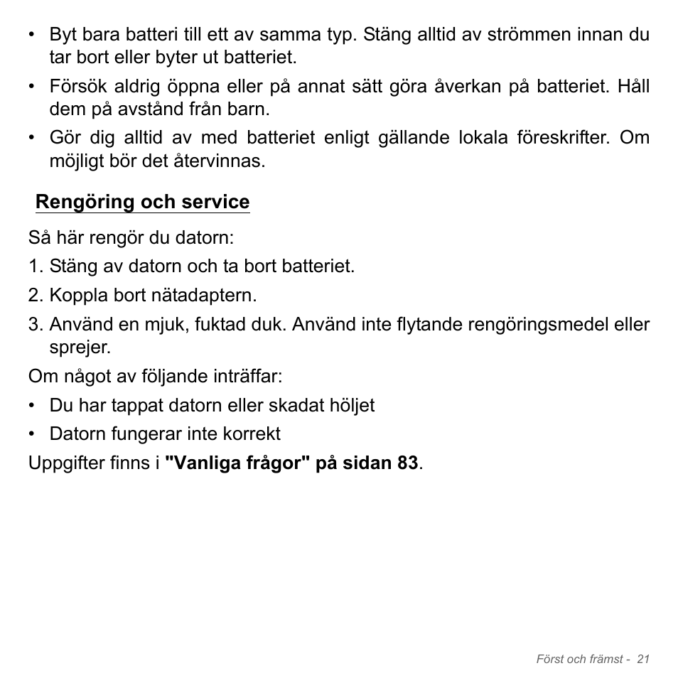Rengöring och service | Acer W700P User Manual | Page 1017 / 3264