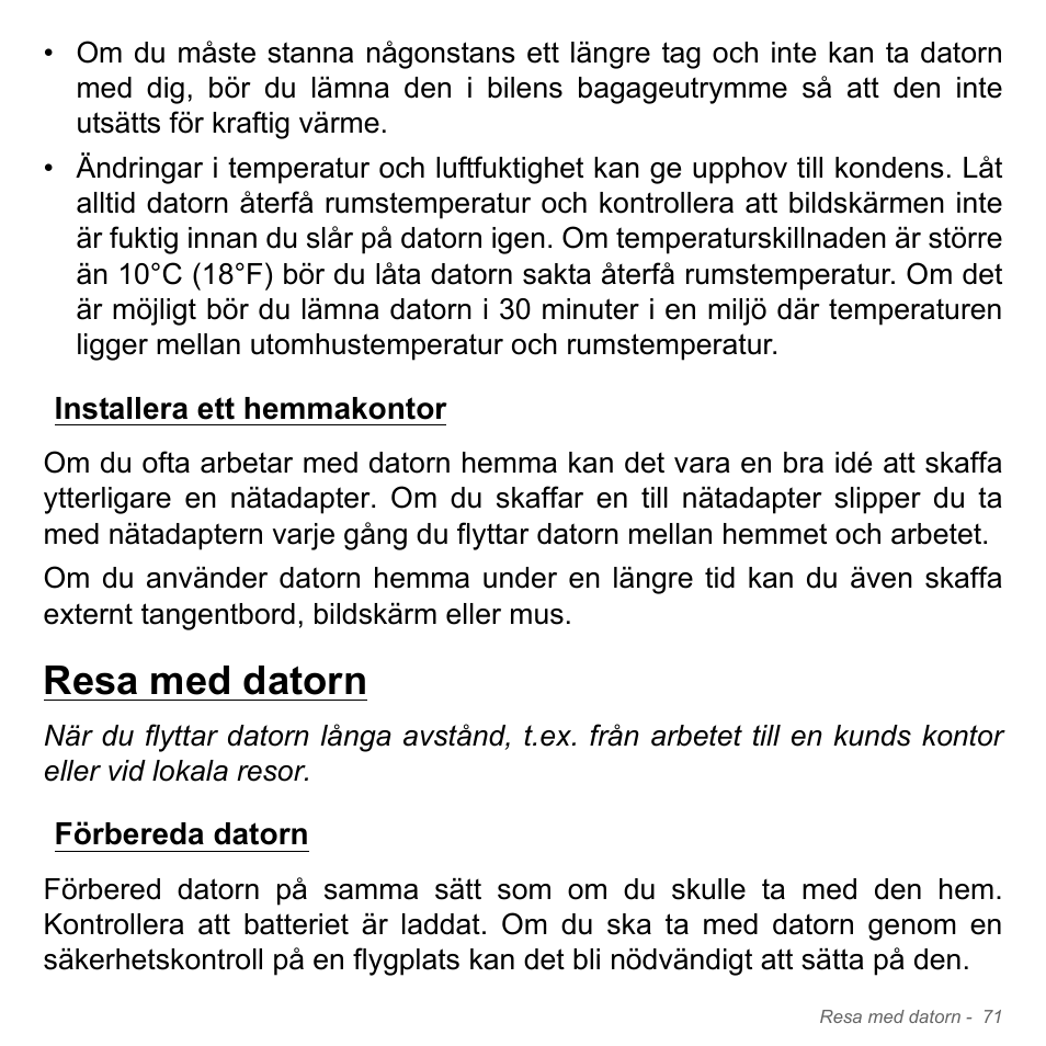 Installera ett hemmakontor, Resa med datorn, Förbereda datorn | Acer W700P User Manual | Page 1067 / 3264