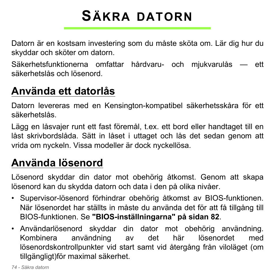 Säkra datorn, Använda ett datorlås, Använda lösenord | Använda ett datorlås använda lösenord, Äkra, Datorn | Acer W700P User Manual | Page 1070 / 3264