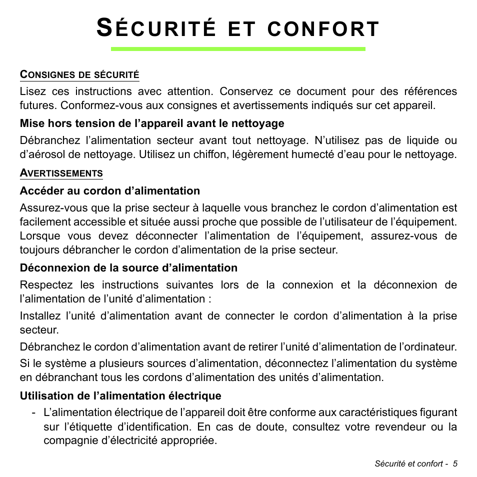 Sécurité et confort, Écurité, Confort | Acer W700P User Manual | Page 109 / 3264