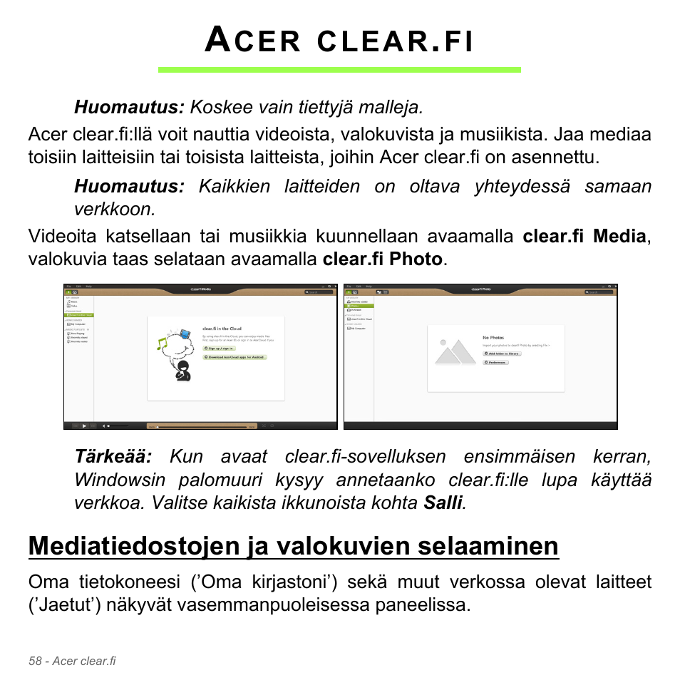 Acer clear.fi, Mediatiedostojen ja valokuvien selaaminen, Clear | Acer W700P User Manual | Page 1158 / 3264