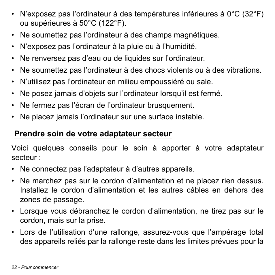 Prendre soin de votre adaptateur secteur | Acer W700P User Manual | Page 126 / 3264