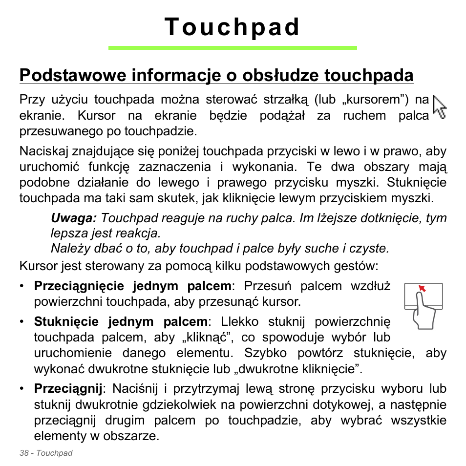 Touchpad, Podstawowe informacje o obsłudze touchpada | Acer W700P User Manual | Page 1368 / 3264