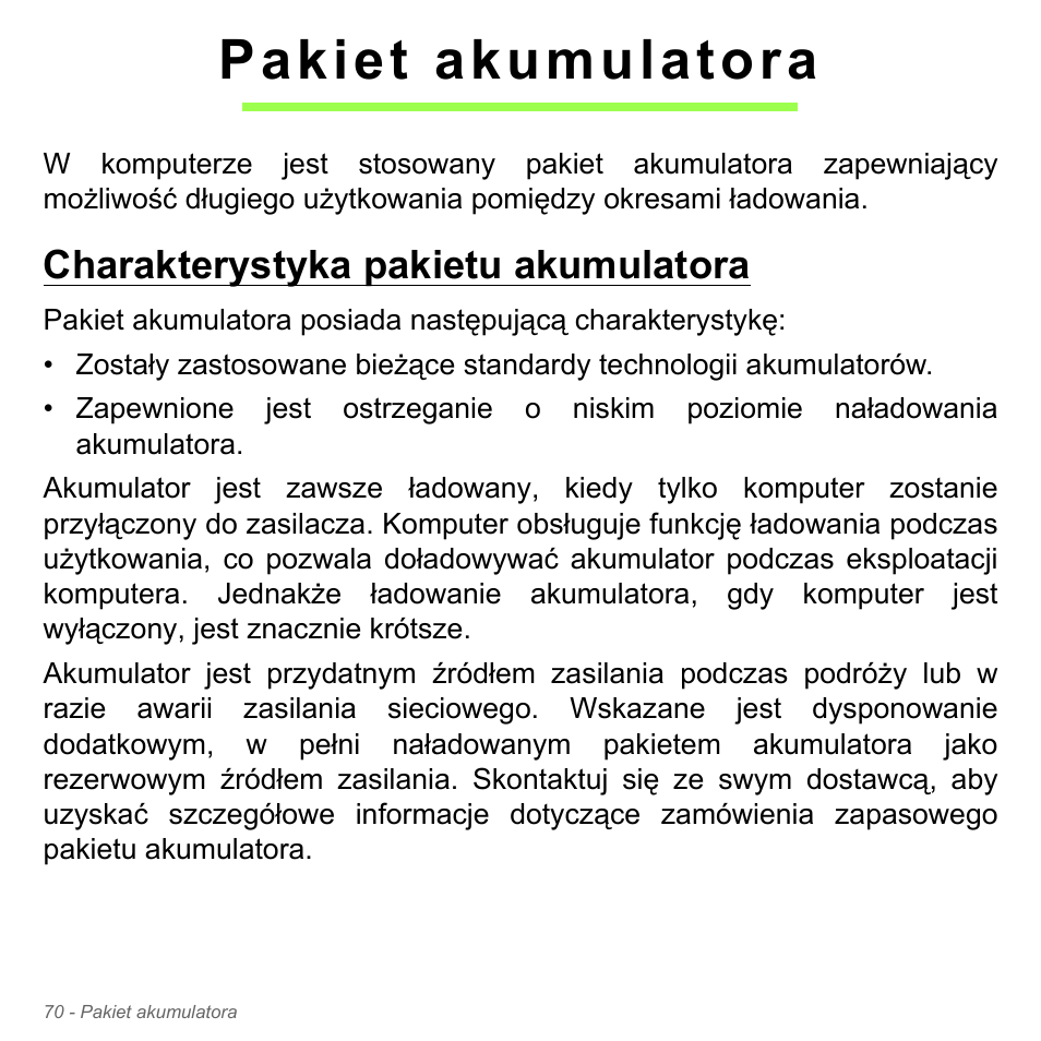 Pakiet akumulatora, Charakterystyka pakietu akumulatora | Acer W700P User Manual | Page 1400 / 3264