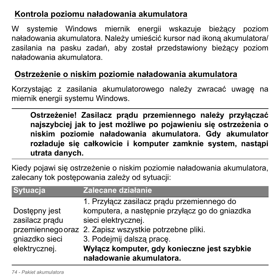 Kontrola poziomu naładowania akumulatora | Acer W700P User Manual | Page 1404 / 3264