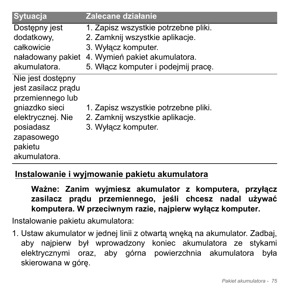 Instalowanie i wyjmowanie pakietu akumulatora | Acer W700P User Manual | Page 1405 / 3264