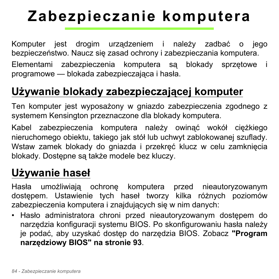 Zabezpieczanie komputera, Używanie blokady zabezpieczającej komputer, Używanie haseł | Używanie blokady zabezpieczającej, Komputer używanie haseł | Acer W700P User Manual | Page 1414 / 3264