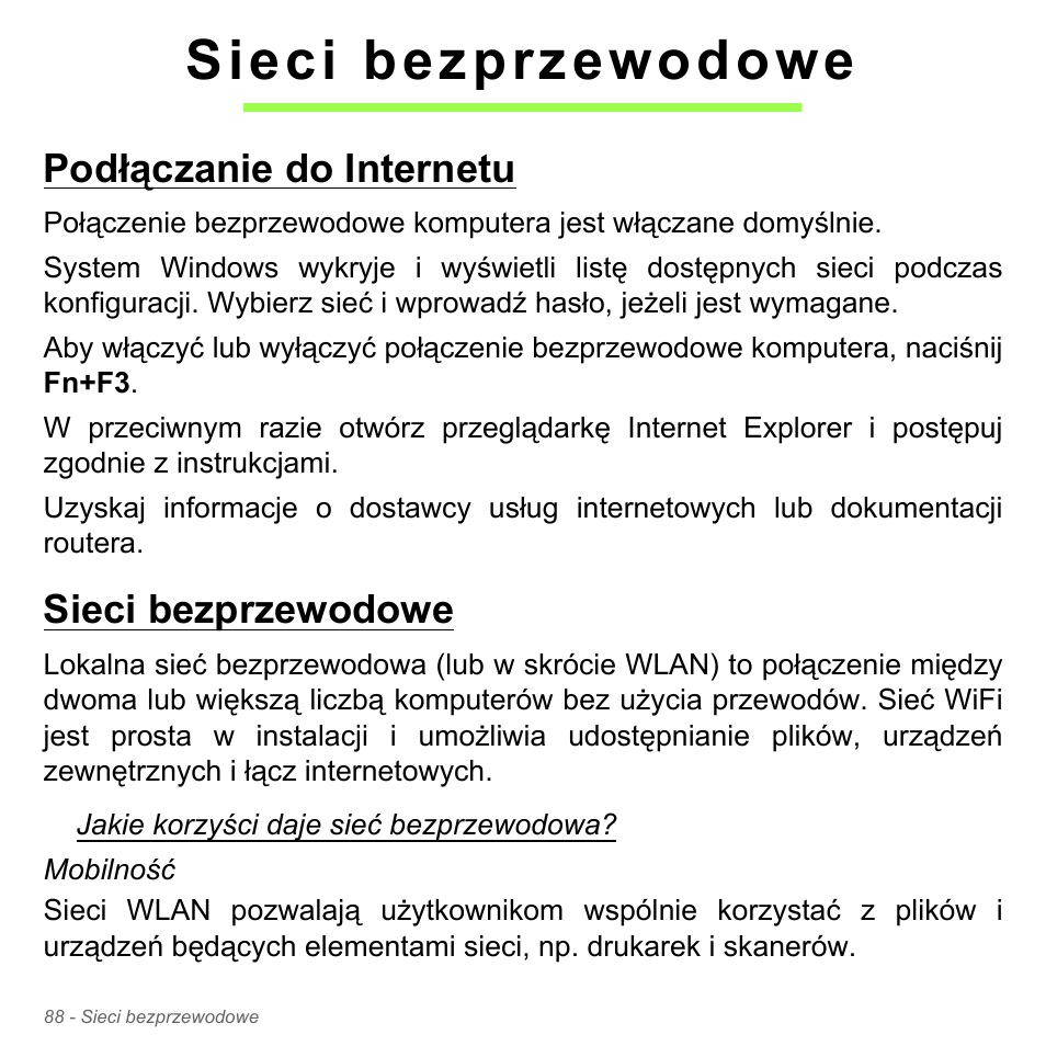 Sieci bezprzewodowe, Podłączanie do internetu, Podłączanie do internetu sieci bezprzewodowe | Acer W700P User Manual | Page 1418 / 3264