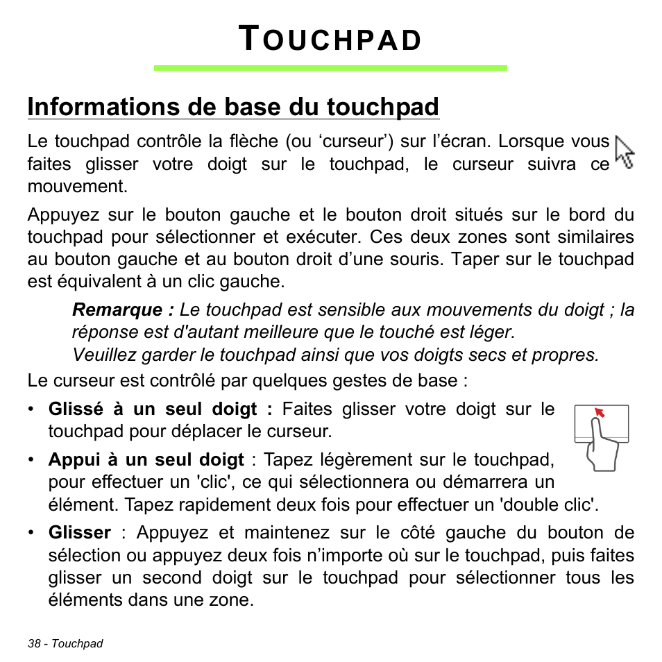 Touchpad, Informations de base du touchpad, Ouchpad | Acer W700P User Manual | Page 142 / 3264