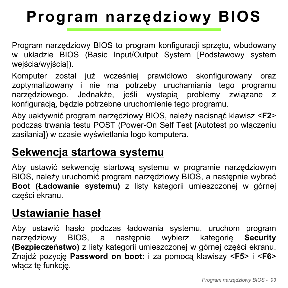 Program narzędziowy bios, Sekwencja startowa systemu, Ustawianie haseł | Sekwencja startowa systemu ustawianie haseł | Acer W700P User Manual | Page 1423 / 3264