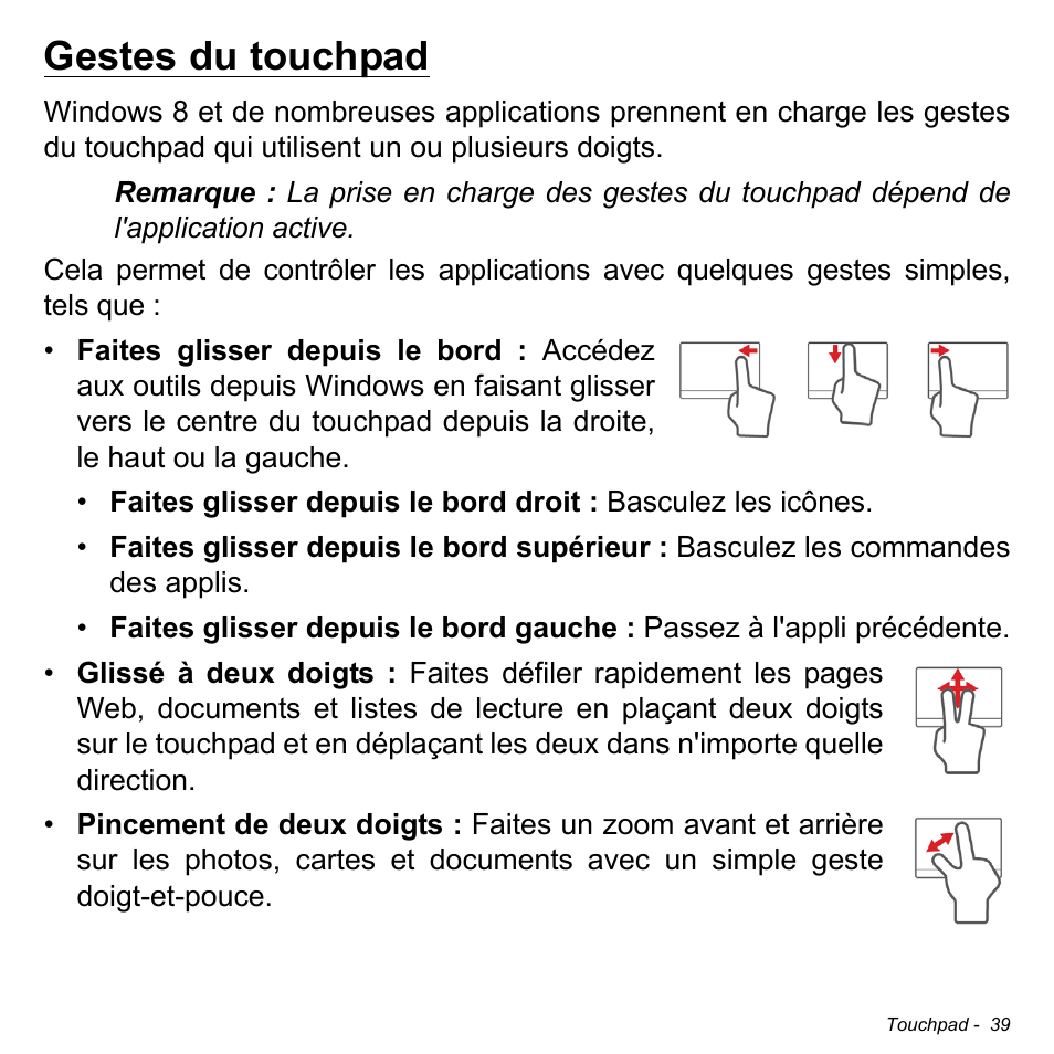 Gestes du touchpad | Acer W700P User Manual | Page 143 / 3264