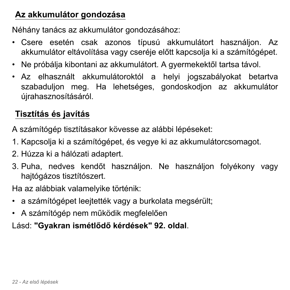 Az akkumulátor gondozása, Tisztítás és javítás | Acer W700P User Manual | Page 1468 / 3264