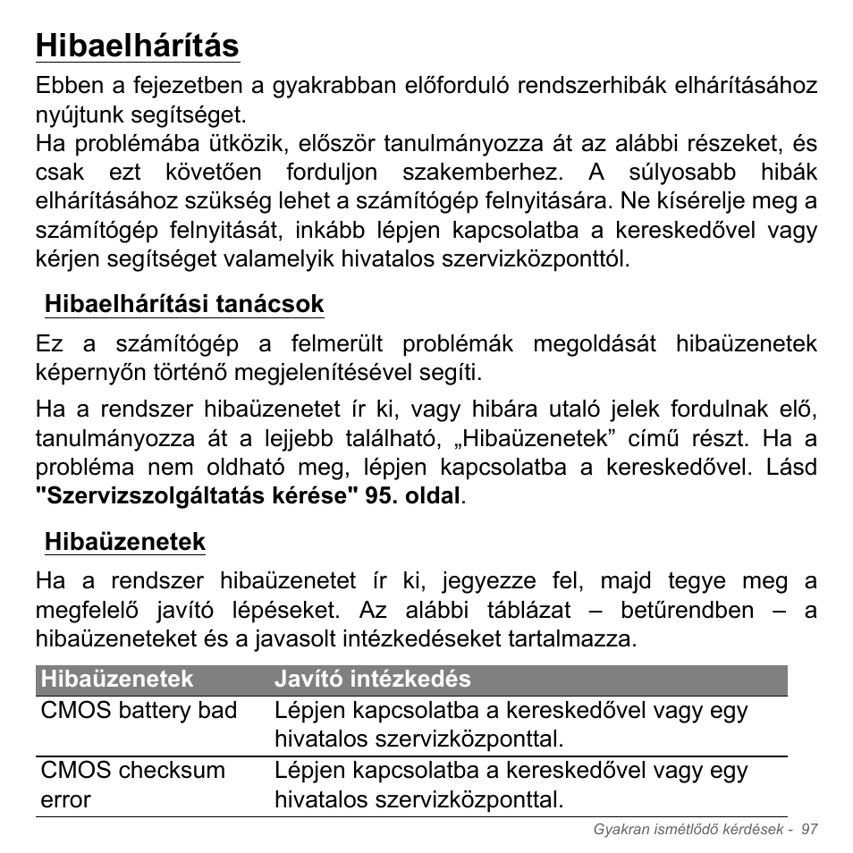 Hibaelhárítás, Hibaelhárítási tanácsok, Hibaüzenetek | Acer W700P User Manual | Page 1543 / 3264