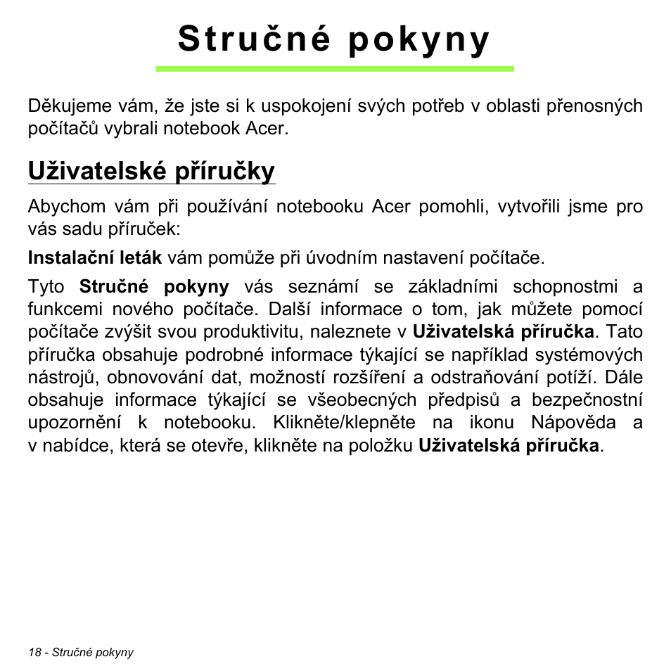 Stručné pokyny, Uživatelské příručky | Acer W700P User Manual | Page 1578 / 3264