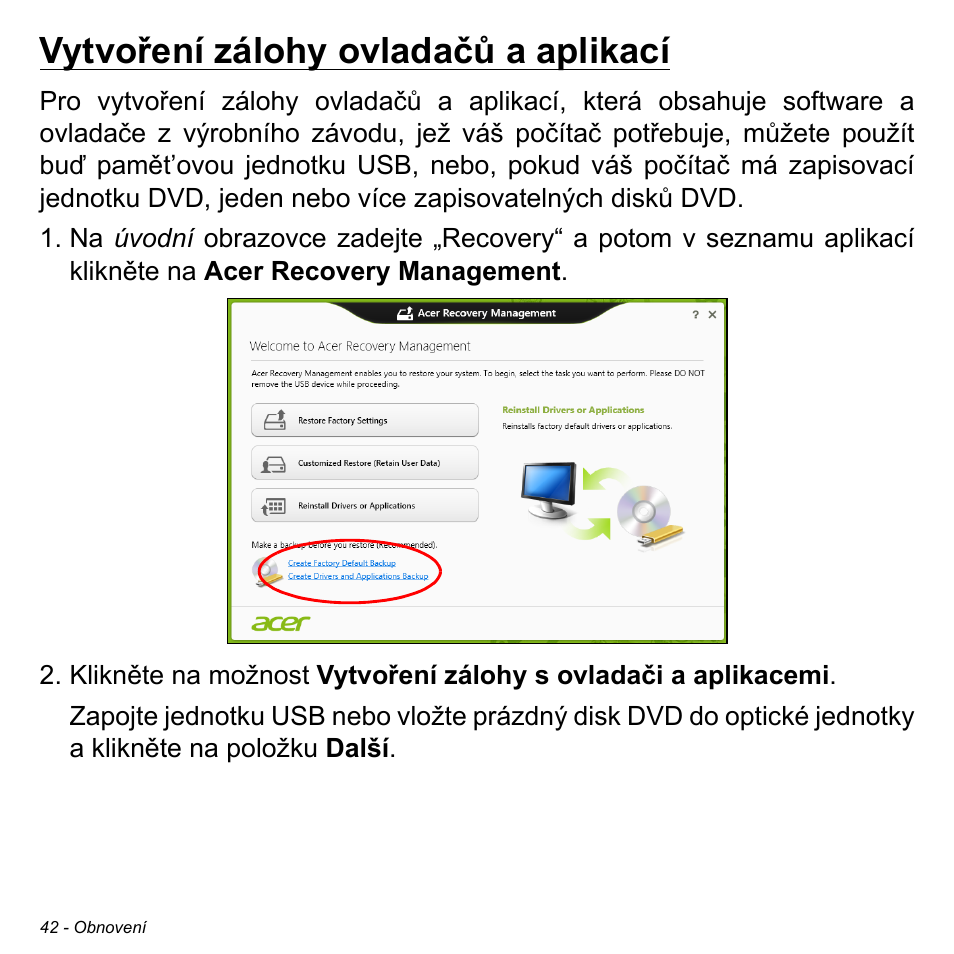 Vytvoření zálohy ovladačů a aplikací | Acer W700P User Manual | Page 1602 / 3264