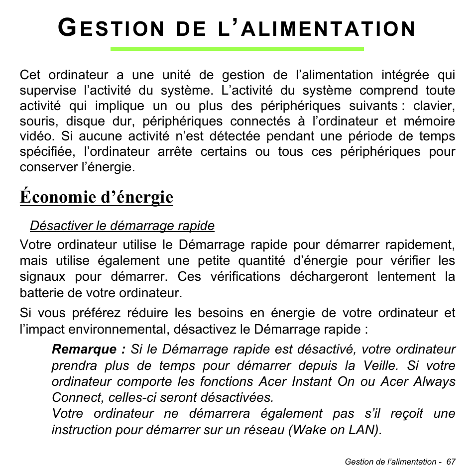 Gestion de l’alimentation, Économie d’énergie, Estion | Alimentation | Acer W700P User Manual | Page 171 / 3264