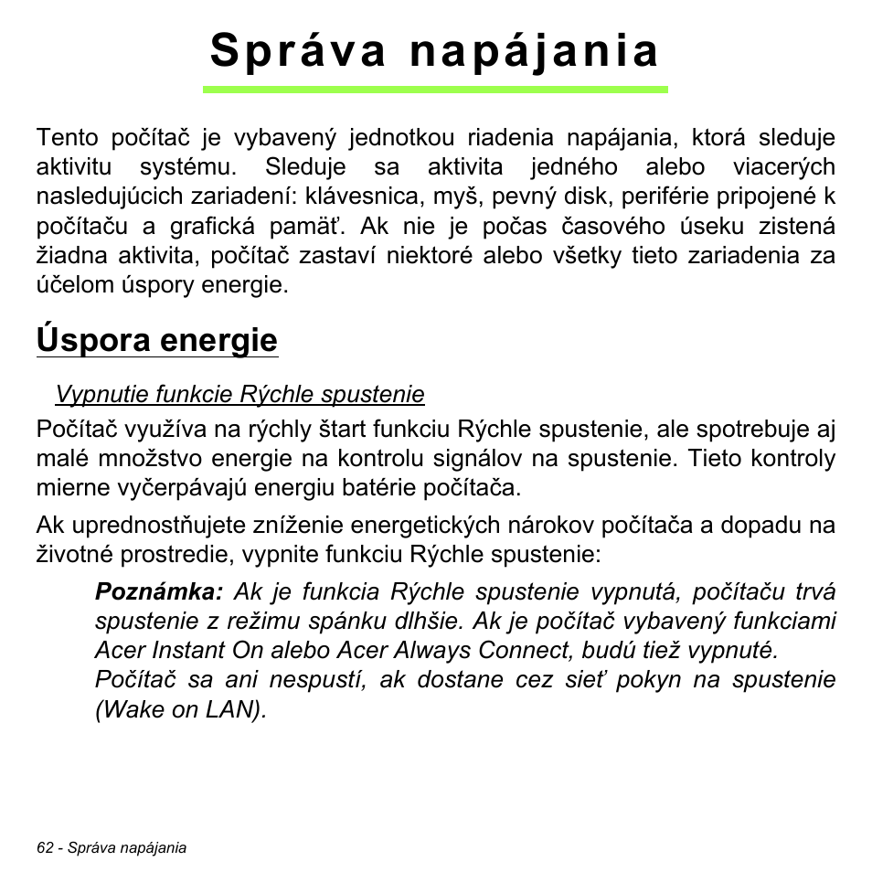 Správa napájania, Úspora energie | Acer W700P User Manual | Page 1728 / 3264