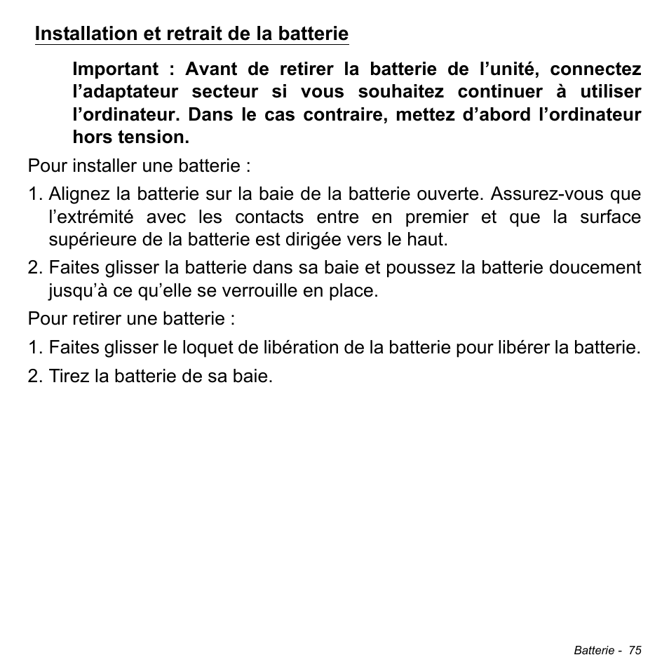 Installation et retrait de la batterie | Acer W700P User Manual | Page 179 / 3264