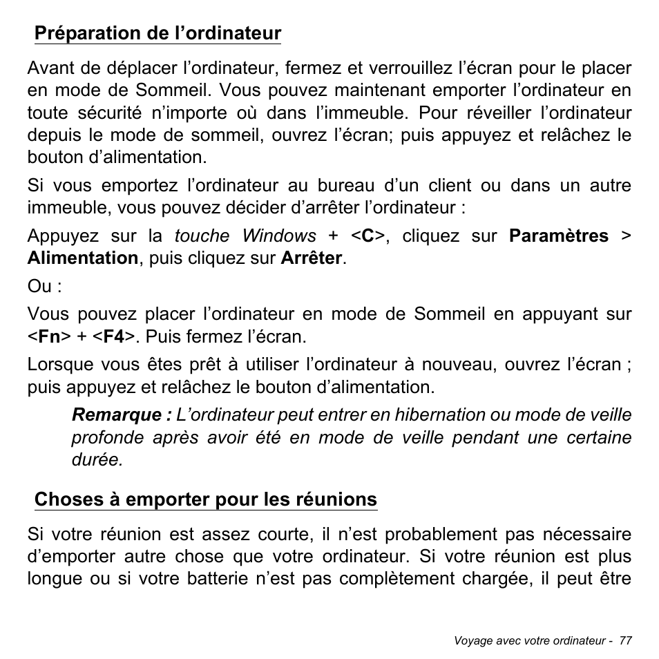 Préparation de l’ordinateur, Choses à emporter pour les réunions | Acer W700P User Manual | Page 181 / 3264