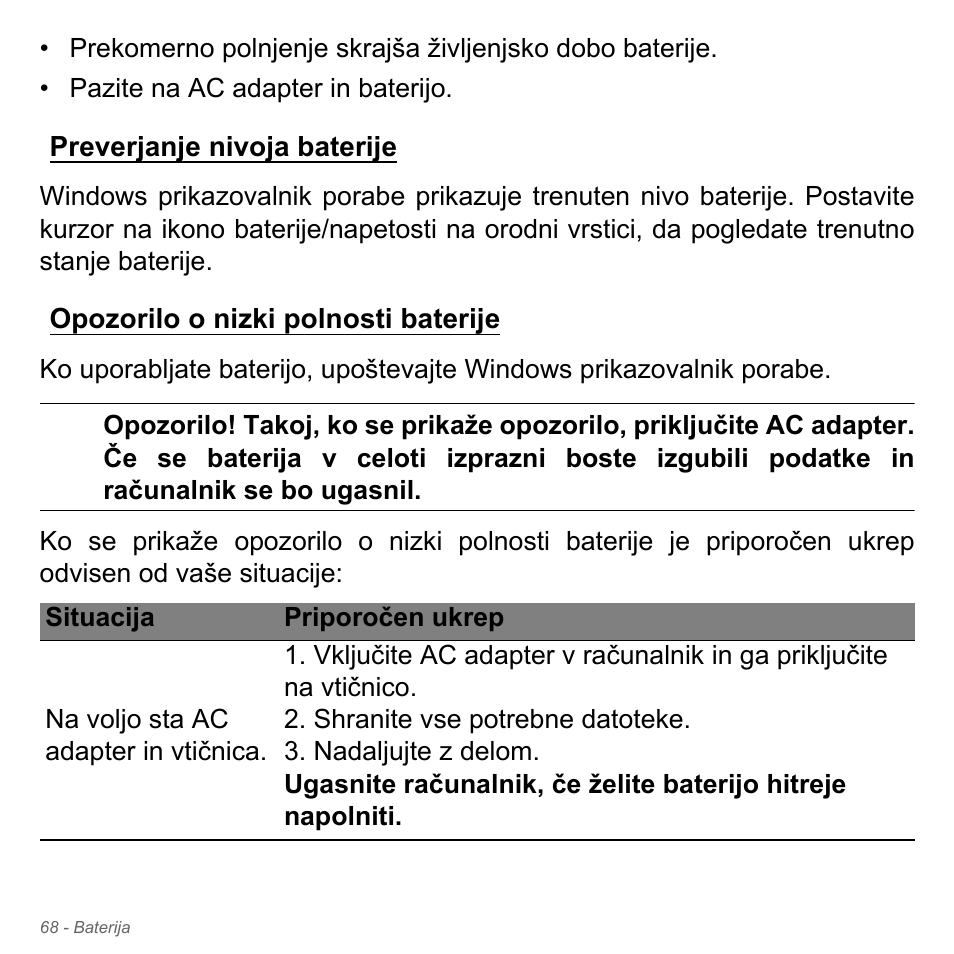 Preverjanje nivoja baterije, Opozorilo o nizki polnosti baterije | Acer W700P User Manual | Page 1842 / 3264