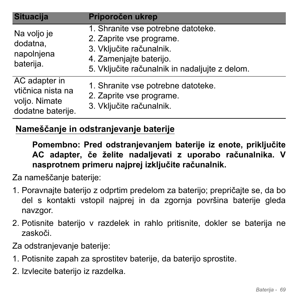 Nameščanje in odstranjevanje baterije | Acer W700P User Manual | Page 1843 / 3264