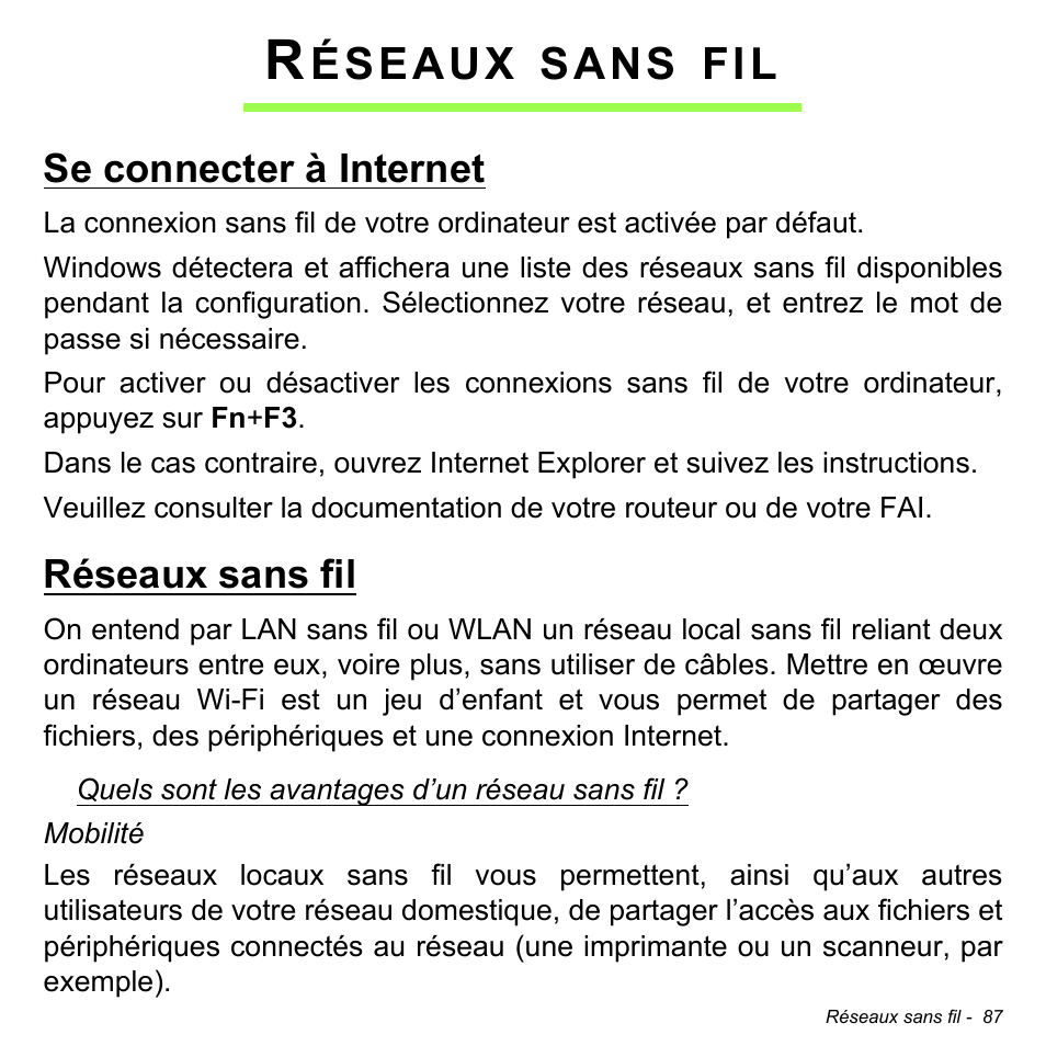 Réseaux sans fil, Se connecter à internet, Se connecter à internet réseaux sans fil | Éseaux, Sans | Acer W700P User Manual | Page 191 / 3264