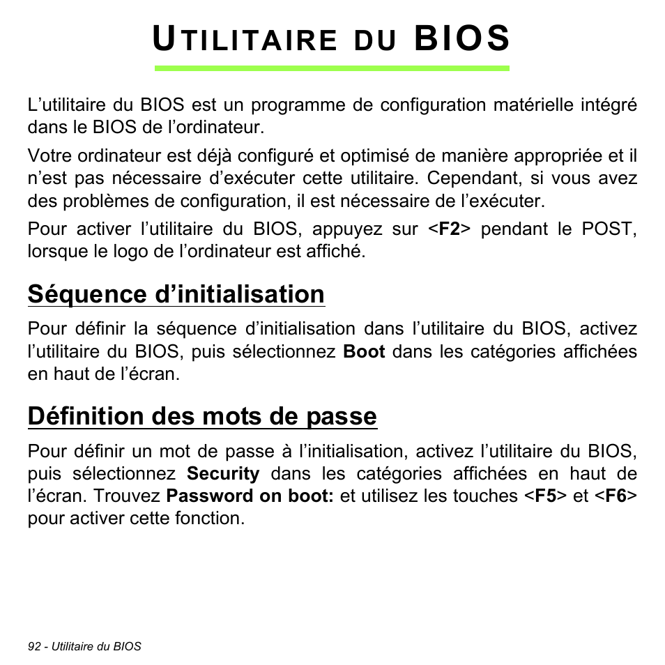 Utilitaire du bios, Séquence d’initialisation, Définition des mots de passe | Bios, Tilitaire | Acer W700P User Manual | Page 196 / 3264