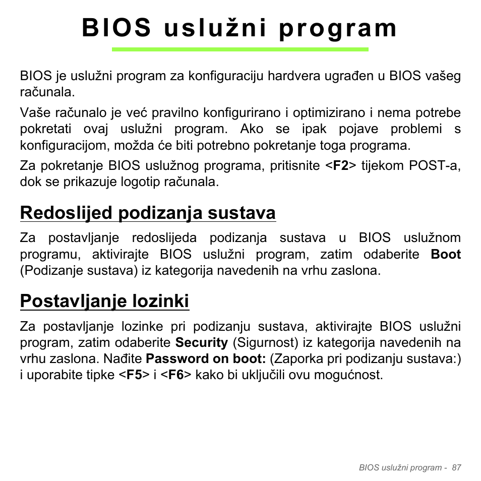 Bios uslužni program, Redoslijed podizanja sustava, Postavljanje lozinki | Redoslijed podizanja sustava postavljanje lozinki | Acer W700P User Manual | Page 1967 / 3264