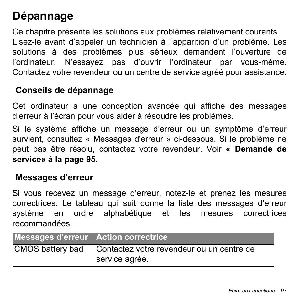 Dépannage, Conseils de dépannage, Messages d’erreur | Conseils de dépannage messages d’erreur | Acer W700P User Manual | Page 201 / 3264