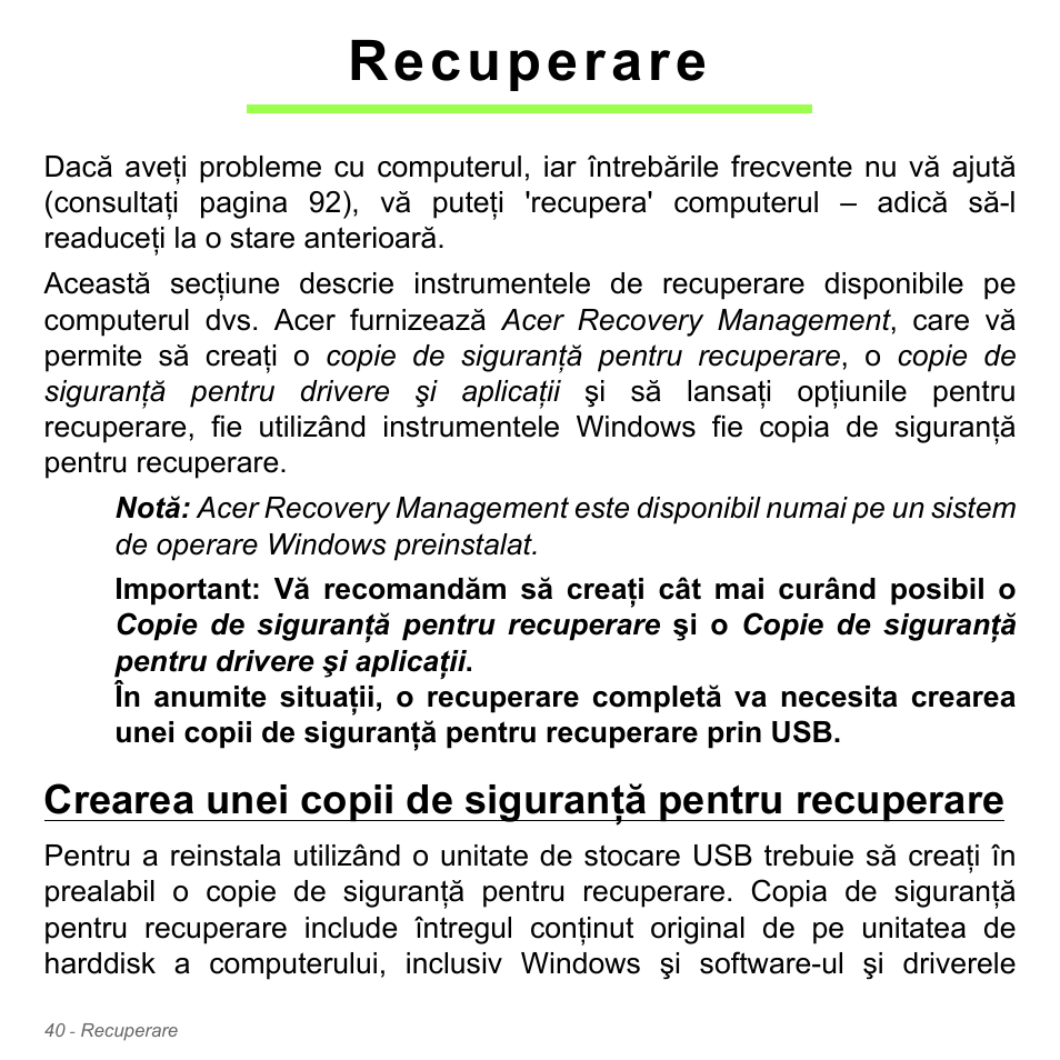 Recuperare, Crearea unei copii de siguranţă pentru recuperare | Acer W700P User Manual | Page 2028 / 3264