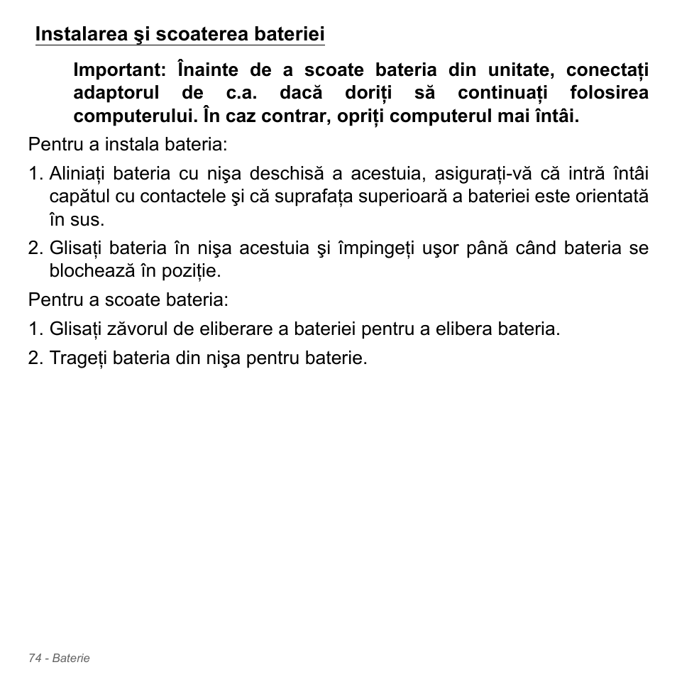 Instalarea şi scoaterea bateriei | Acer W700P User Manual | Page 2062 / 3264