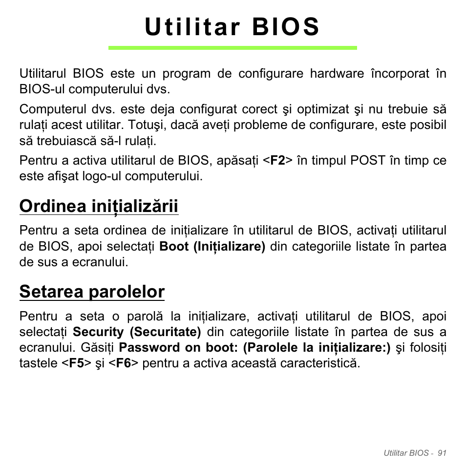 Utilitar bios, Ordinea iniţializării, Setarea parolelor | Ordinea iniţializării setarea parolelor | Acer W700P User Manual | Page 2079 / 3264