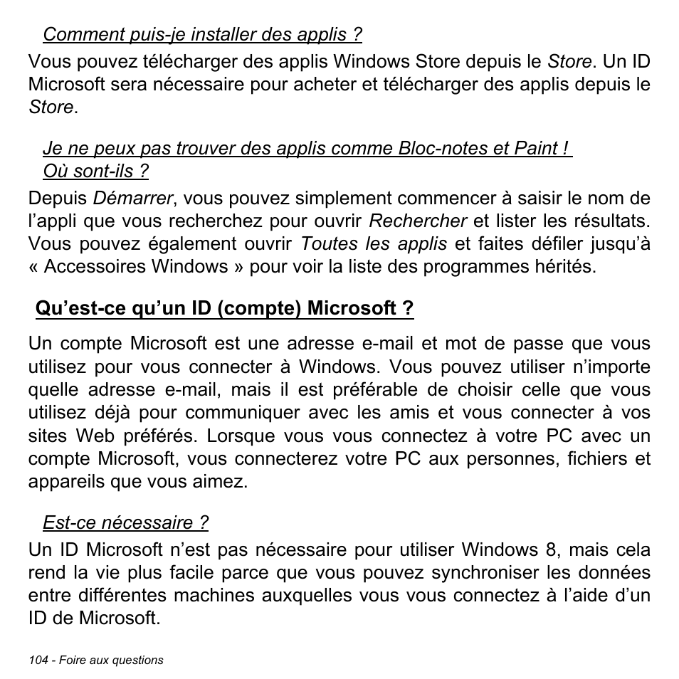 Qu’est-ce qu’un id (compte) microsoft, Qu’est-ce qu’un id (compte), Microsoft | Acer W700P User Manual | Page 208 / 3264