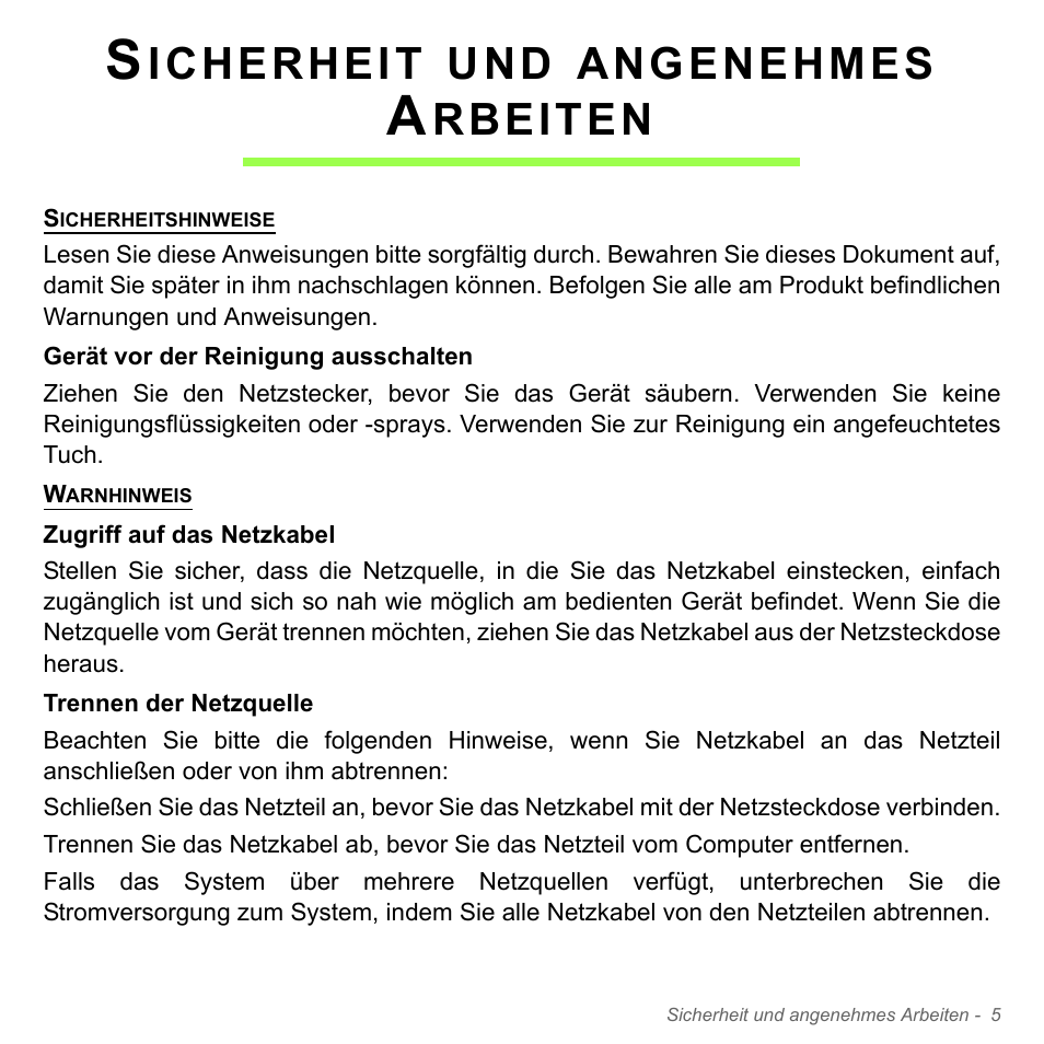 Sicherheit und angenehmes arbeiten, Sicherheit und angenehmes arbeiten 5, Icherheit | Angenehmes, Rbeiten | Acer W700P User Manual | Page 223 / 3264