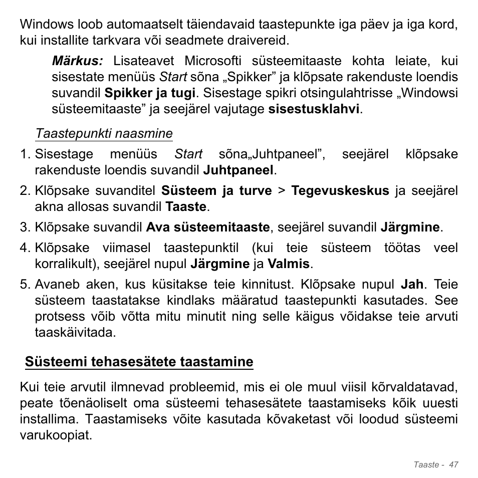 Süsteemi tehasesätete taastamine | Acer W700P User Manual | Page 2269 / 3264