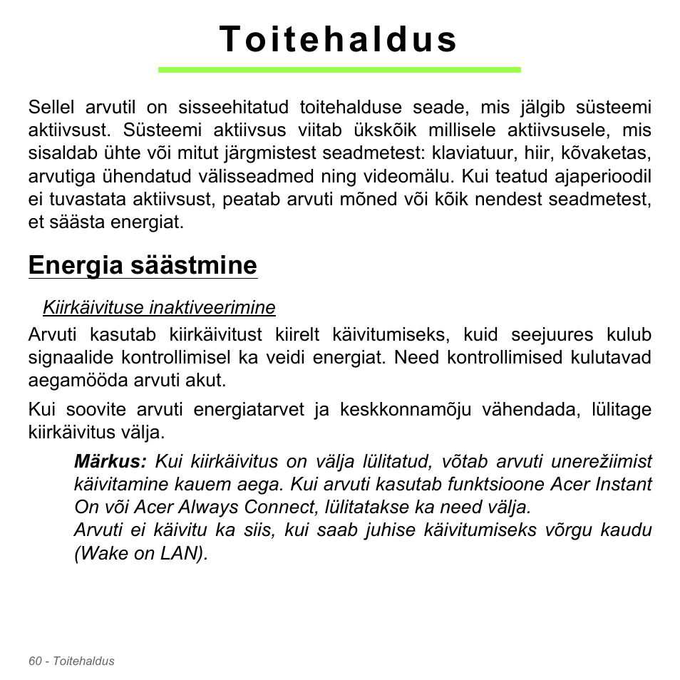 Toitehaldus, Energia säästmine | Acer W700P User Manual | Page 2282 / 3264