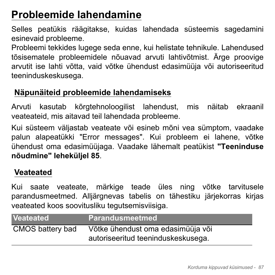 Probleemide lahendamine, Näpunäiteid probleemide lahendamiseks, Veateated | Näpunäiteid probleemide, Lahendamiseks veateated | Acer W700P User Manual | Page 2309 / 3264