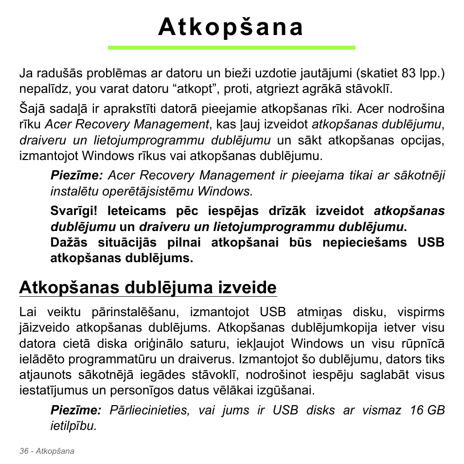 Atkopšana, Atkopšanas dublējuma izveide | Acer W700P User Manual | Page 2362 / 3264