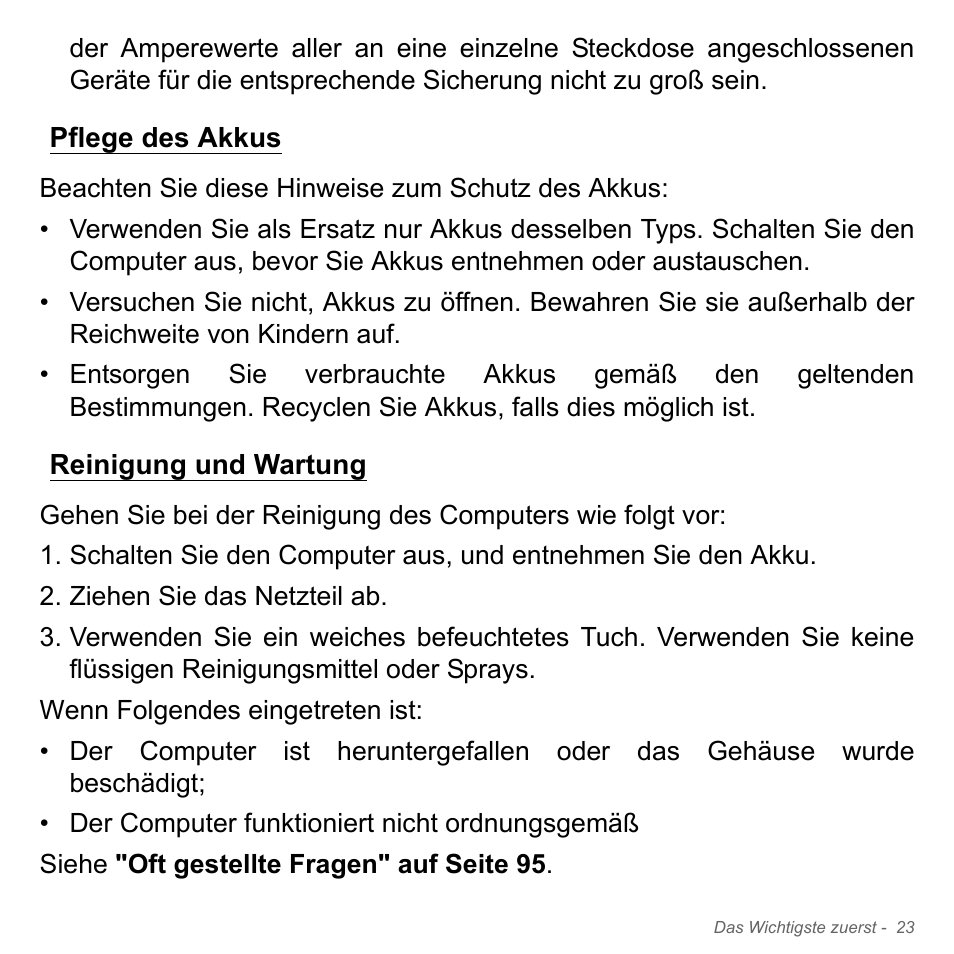 Pflege des akkus, Reinigung und wartung, Pflege des akkus reinigung und wartung | Acer W700P User Manual | Page 241 / 3264