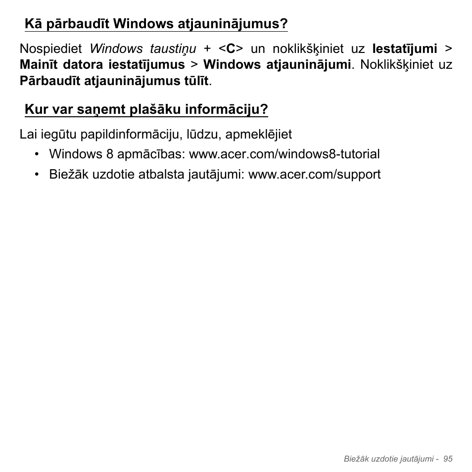 Kā pārbaudīt windows atjauninājumus, Kur var saņemt plašāku informāciju | Acer W700P User Manual | Page 2421 / 3264