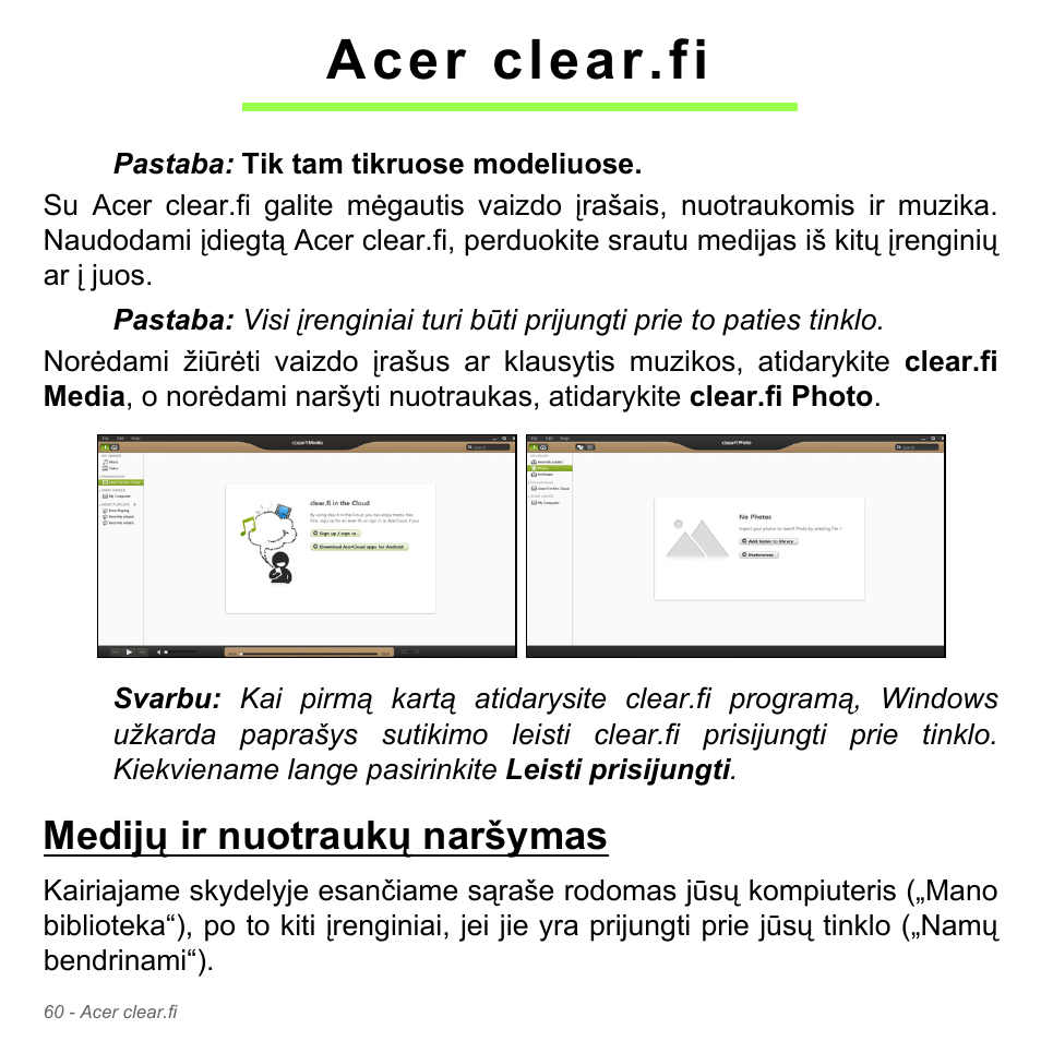 Acer clear.fi, Medijų ir nuotraukų naršymas | Acer W700P User Manual | Page 2490 / 3264