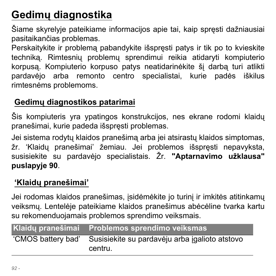 Gedimų diagnostika, Gedimų diagnostikos patarimai, Klaidų pranešimai | Gedimų diagnostikos patarimai ‘klaidų pranešimai | Acer W700P User Manual | Page 2522 / 3264