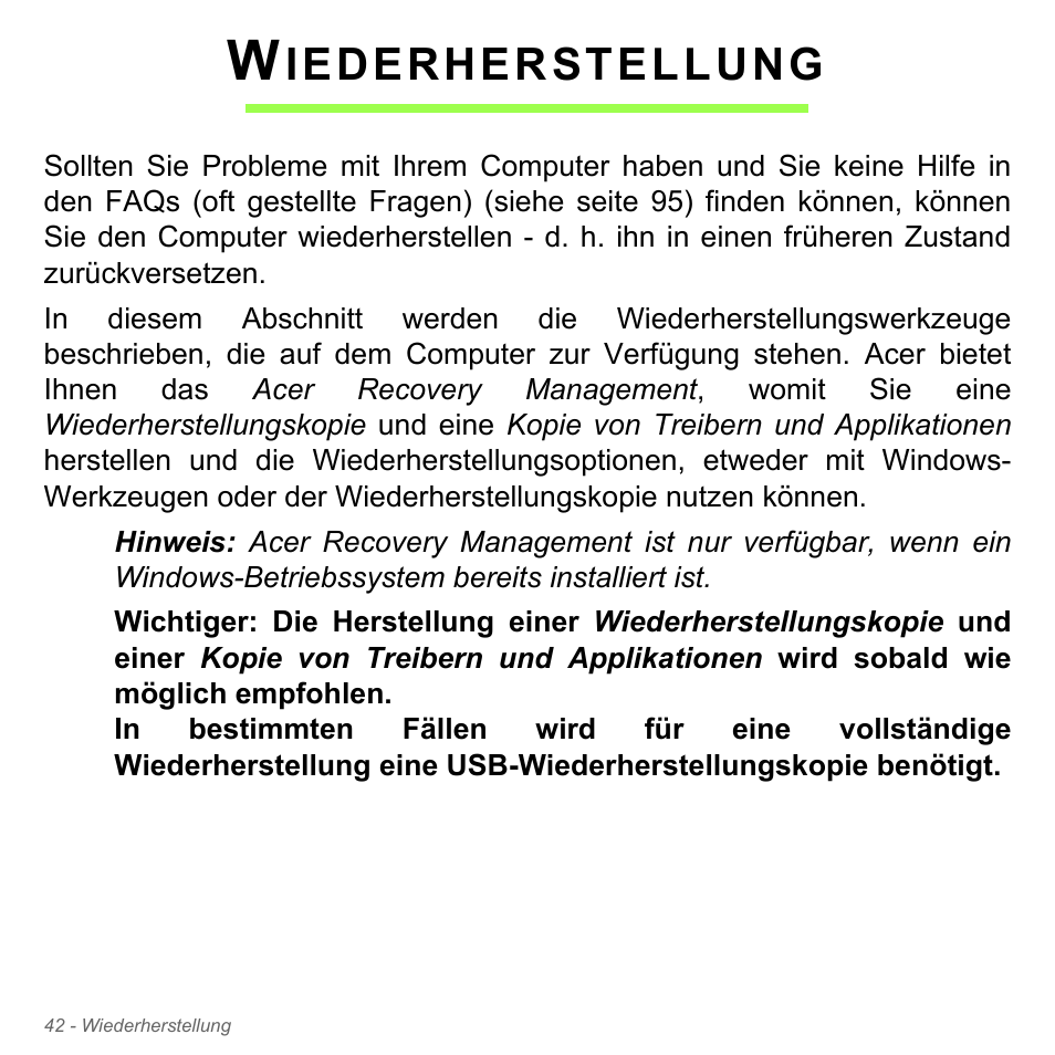 Wiederherstellung, Iederherstellung | Acer W700P User Manual | Page 260 / 3264