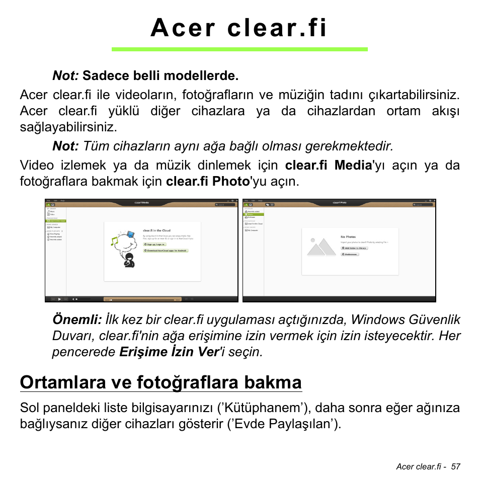 Acer clear.fi, Ortamlara ve fotoğraflara bakma | Acer W700P User Manual | Page 2719 / 3264