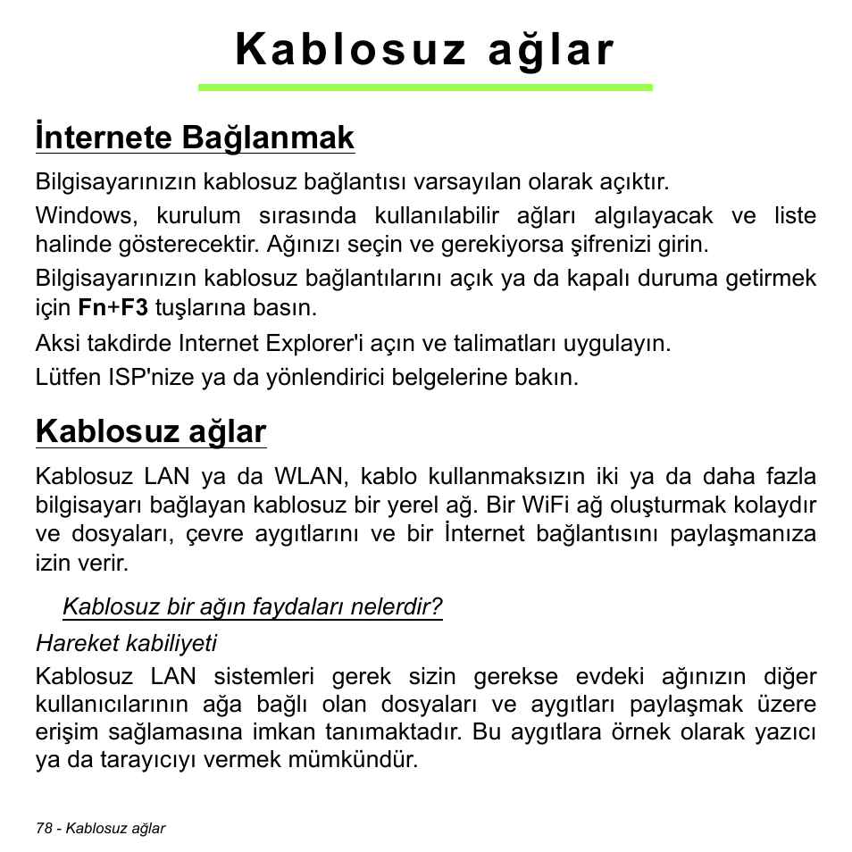 Kablosuz ağlar, Internete bağlanmak, Internete bağlanmak kablosuz ağlar | Acer W700P User Manual | Page 2740 / 3264